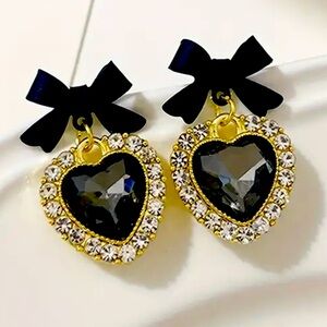 Black Heart and Bow rhinestone drop gold-tone earrings new gift